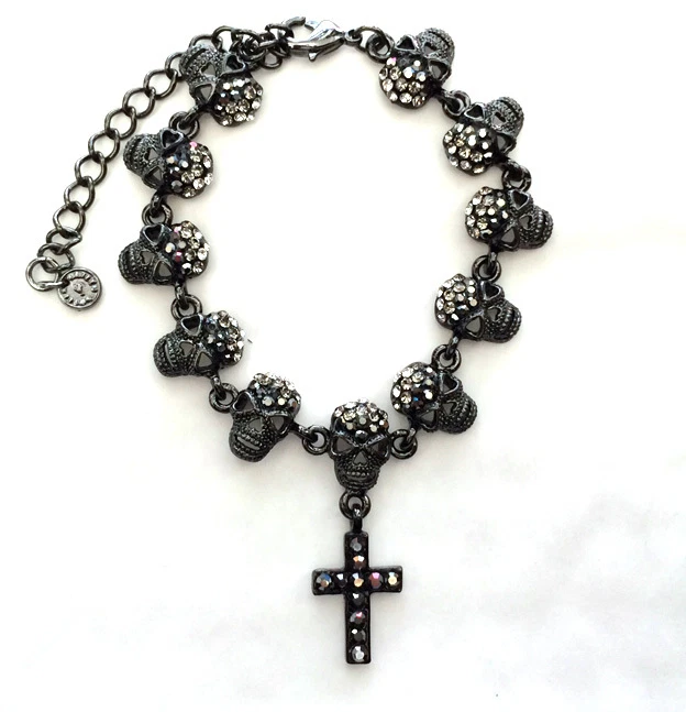 Butler and Wilson Pewter Crystal 11 Skull Cross HALLOWEEN