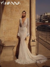 Dazzling Beaded Mermaid Long Wedding Dress Sexy Deep Vneck Backless Bridal Gown