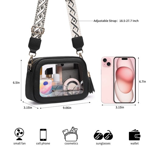 Transparent Women's Crossbody Bag with Wide Shoulder Strap Small Square Bag - Picture 4 of 13