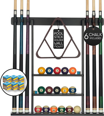 Pool Cue Rack - Pool Stick Holder Wall Mount with 16 Ball Holders & 6 Pack of Ch