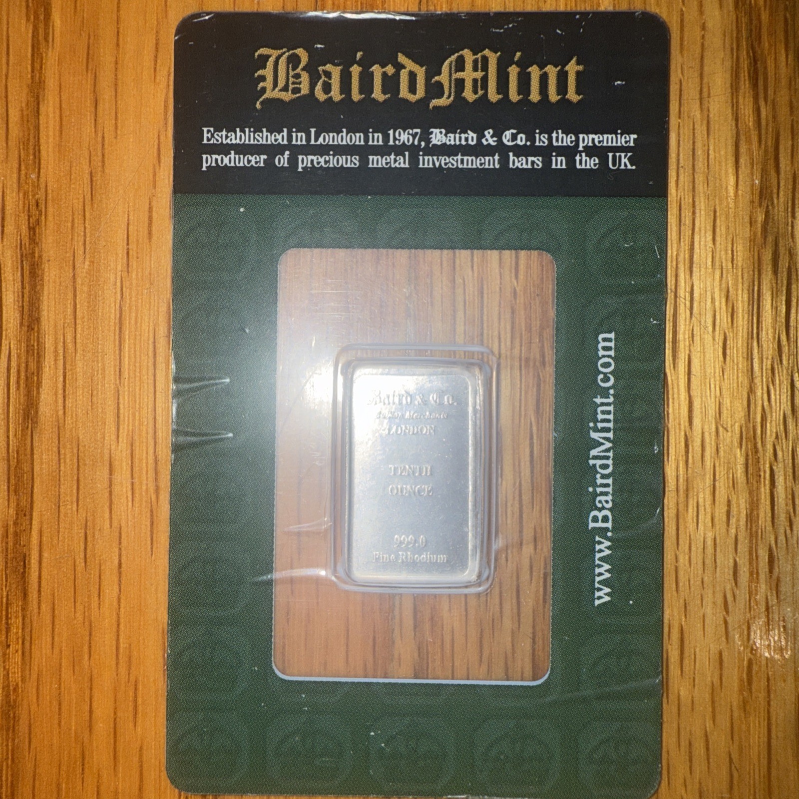 Baird & Co. 1/10 oz Rhodium 999. Fine – Sealed Assay – Vintage LBMA