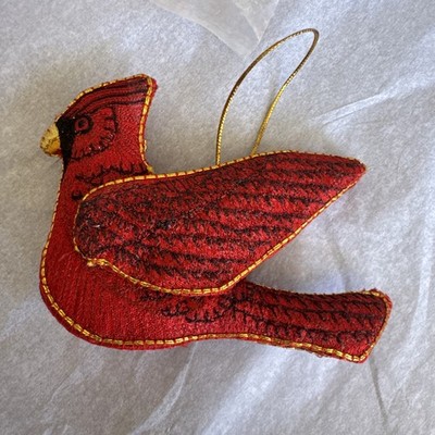 Vintage Red Cardinal Embroidered Fabric Christmas Tree Hanging Ornament 4''