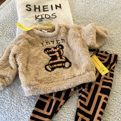 SheIn Bear Geometric 2 Piece Outfit Set 9-12 Months Beige Black Sweatshirt Pants