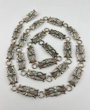 Vtg Navajo Sandcast Sterling Silver Turquoise Concho Link Belt 37.5" - 89.5g