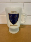 Vintage Milk Glass Pedestal Mug Emory University School Crest Logo White & Blue