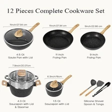 Black Cookware Set 12Pcs Pots and Pans Set Granite Coated Set Nonstick Induction