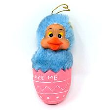 Vtg Easter Duck Chick SHAKE ME Egg Ornament Rubber Face Squeak Toy | READ