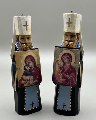 VTG Pair of hand-carved wooden Orthodox priests holding icons of the Virgin Mary