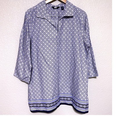 Lands End Womens XL Blue Geometric Medallion Cotton Tunic Top Swimsuit Coverup?
