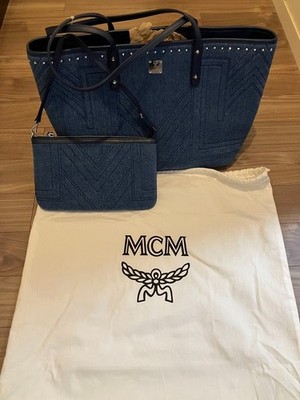 Vintage MCM Stark Studded Denim Jacquard Leather Shopper Tote Shoulder Bag