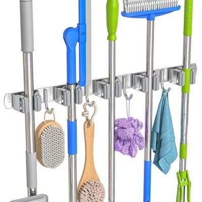 Seewaazee Broom Holder Wall Mount, Mop and 5 Racks 4 Hooks, silver