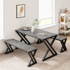 3 Piece Dining Table Set ,Modern Kitchen Table and Benches Dinette ,Metal Frame