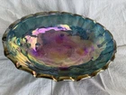 Vintage Blue Iridescent Glass Footed Fruit Bowl Carnival Glass