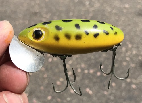 Vtg Fred Arbogast Hula Popper Box And Frog Colored Jitterbug Lure - Picture 3 of 11