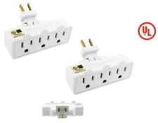 2 Pack WHITE 3 Outlet Swivel Electrical Power Grounded Wall Socket Taps Adapter