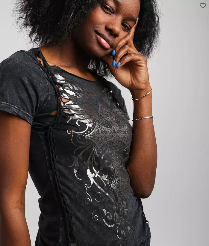 New Women's Affliction Brielle Lava Washed Lace SS Tee Black T-Shirt Top XS-XL - Image 3 of 3