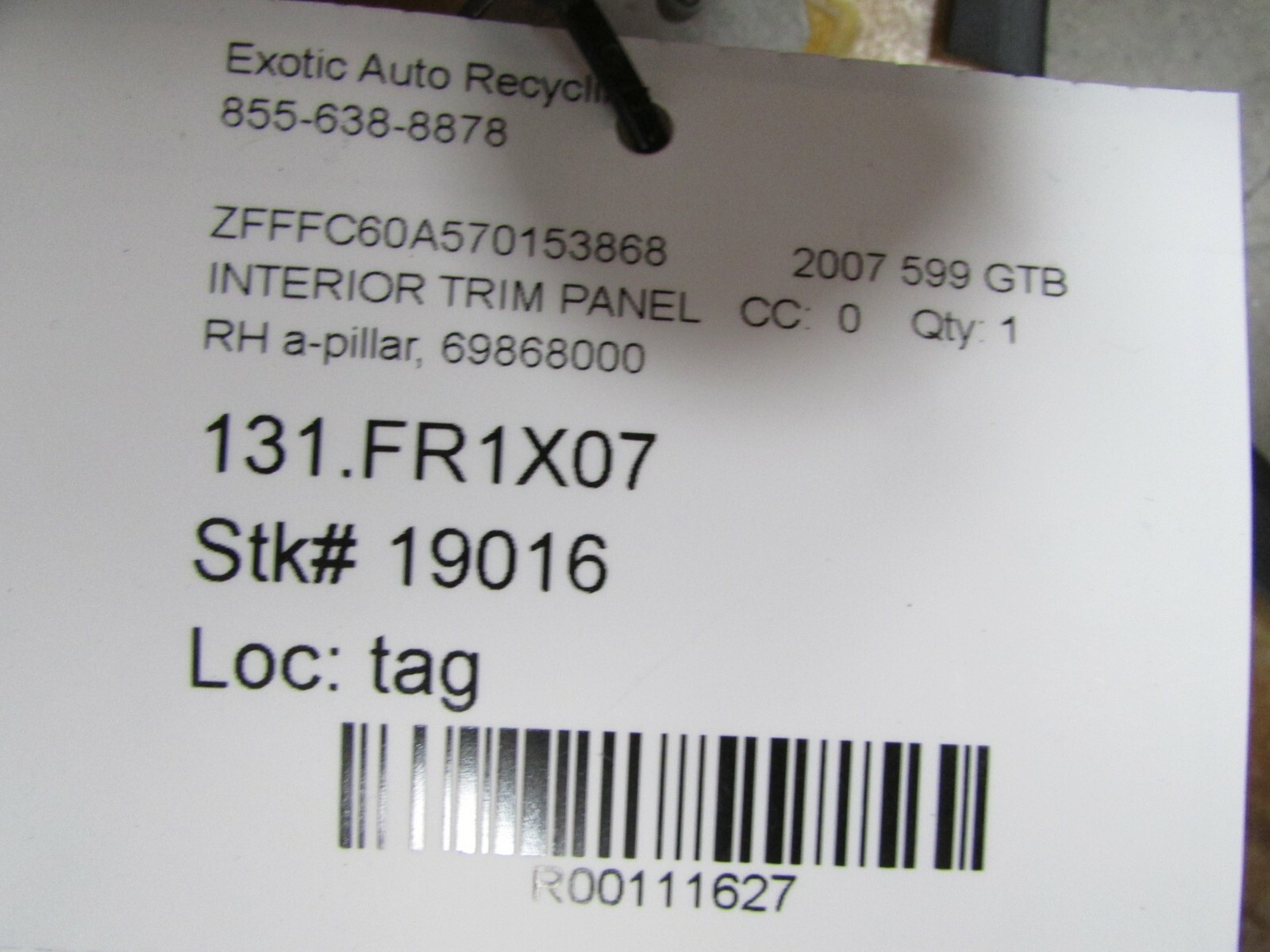 Ferrari 599 GTB, RH, Right A-Pillar Interior Trim Panel, Used, P/N 69868000