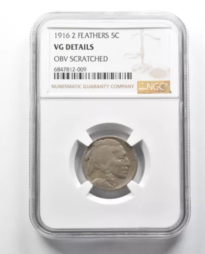 VG Details 1916 2 Feathers Indian Head Buffalo Nickel Obv Scratched NGC *2411