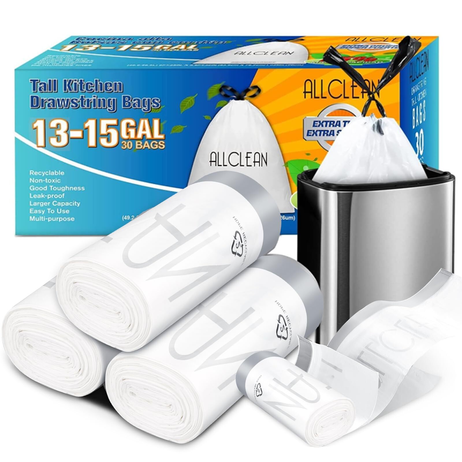 13 To 15 Gallon Trash Bags, Tall Kitchen Garbage Bags Drawstring, Ultra Stron...