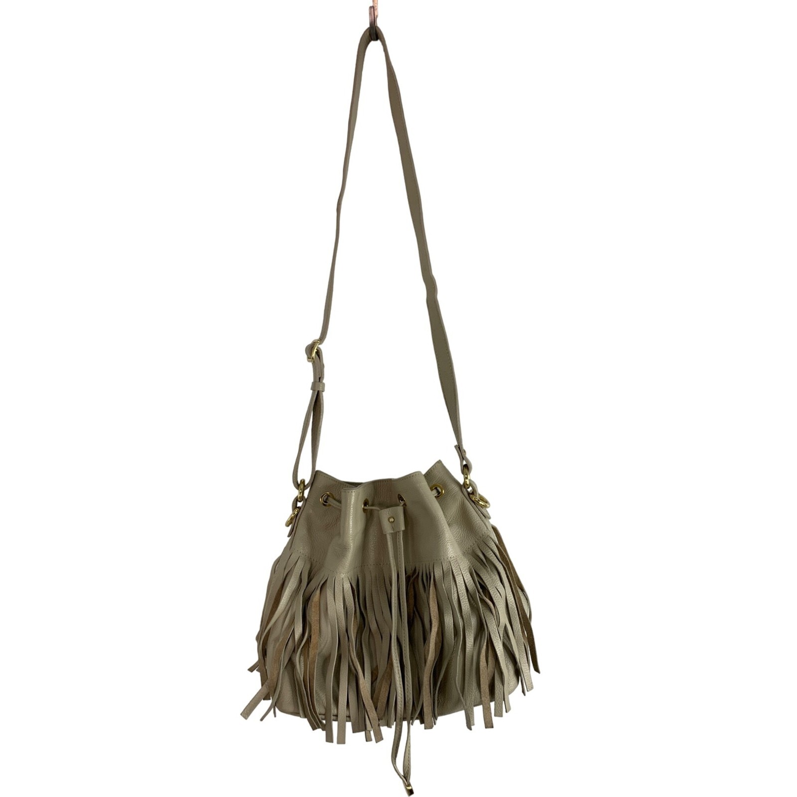 Women’s Alberta de Canio leather fringe bucket Crossbody bag tan 6100 Italy