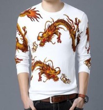 Men Chinese Style Dragon Printed Round Neck Long Sleeves Cotton Blend T Shirt sz