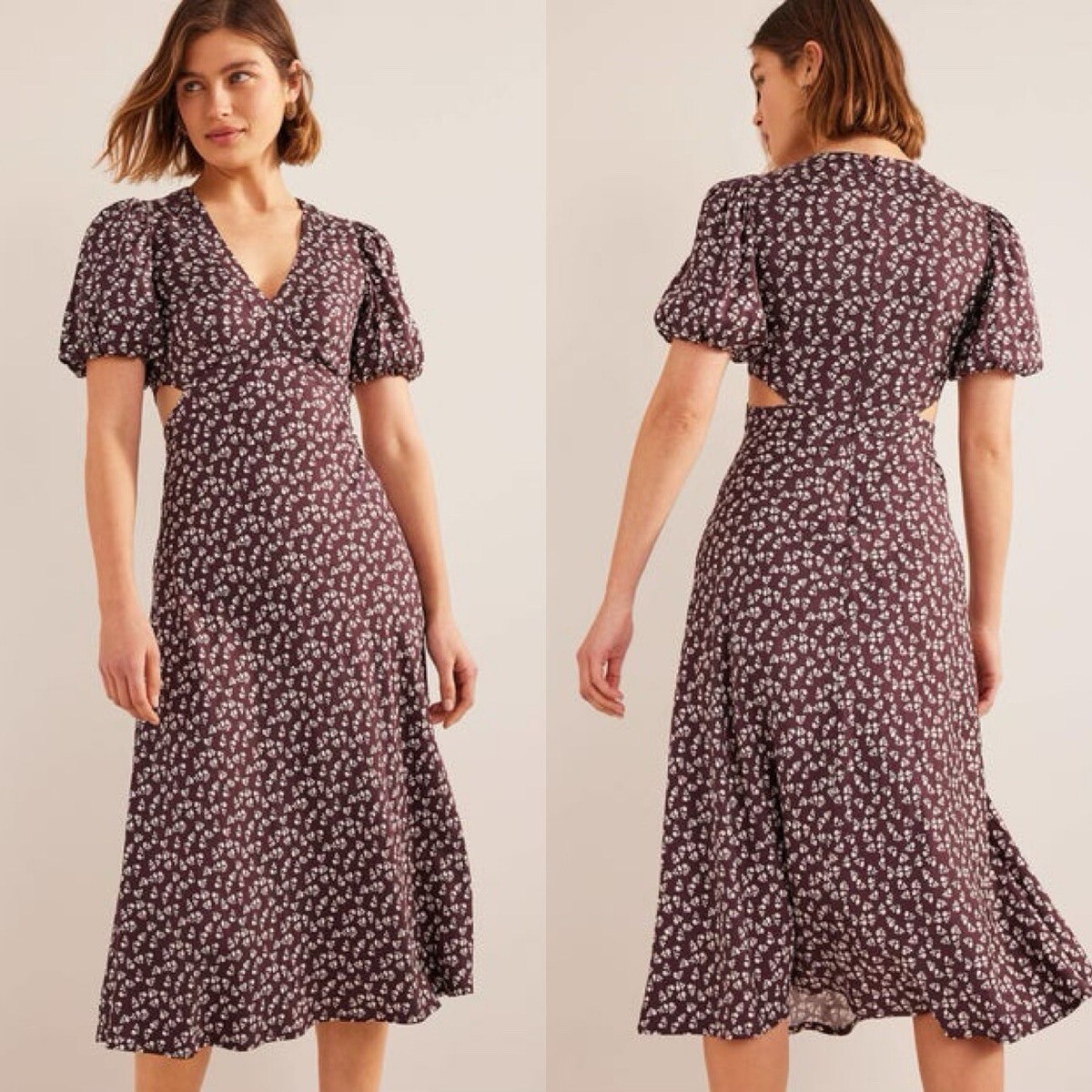 NWT Boden Cut Out Midi Tea Dress Shortsleeve Dark Burgundy Sweet Daisy Size 14R