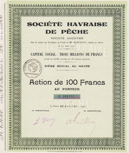 SOCIETE HAVRAISE DE PECHE - ACTION 100 FRANCS 1921 - FRANCE LE HAVRE
