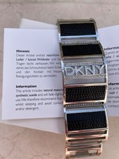 DKNY Silver Stainless Steel & Leather Cuff Bangle Bracelet  Original box