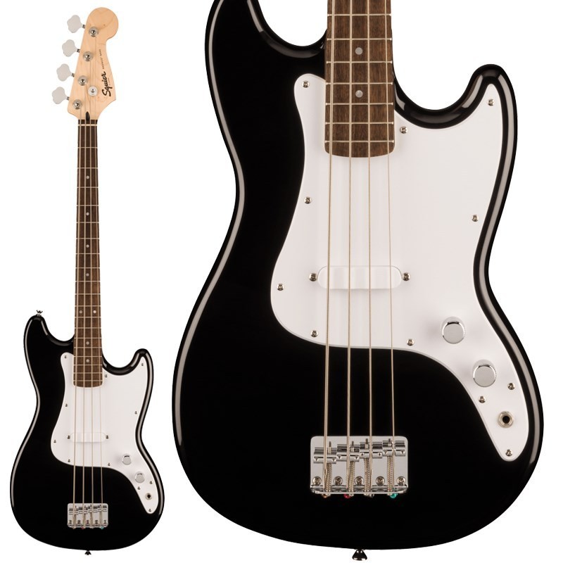 Black Squier by Fender Sonic Bronco bass with white body, short scale, and three pickups, shown beside a white lapel pickup.