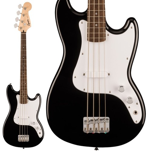 Black Squier by Fender Sonic Bronco bass with white body, short scale, and three pickups, shown beside a white lapel pickup.