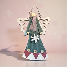 Handcrafted Folkart Wooden Angel With Metal Accents Wall Hanging 11.5" tall