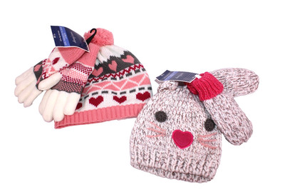 Set of 2 West Loop Girls Hat and Gloves Set - Kitty Ears and Hearts