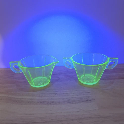 Uranium Vaseline GLOWS Green Great Depression Glass Cream and Sugar Set
