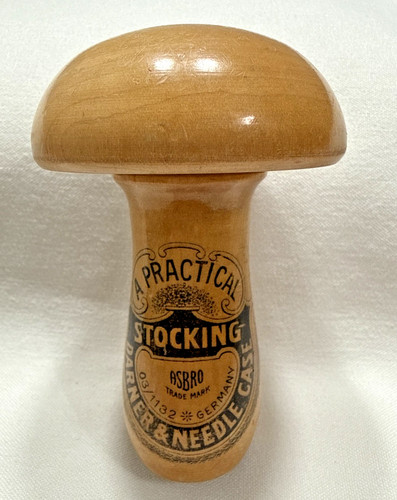 Best Vintage Antique German ASBRO Wood Sock Darner and Needle Case 4" Mushroom