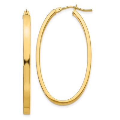 Real 14K Yellow Gold 3mm Polished Oval Hoop Earrings; Women & Men