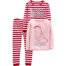 Christmas 3-Piece Snug-fit Cotton Holiday Cat Pajama Set New Size 4