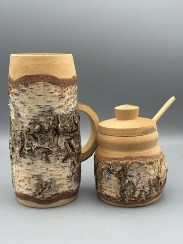 Vintage Unikat Naturrinde handgedrechselt Holzstein und Deckeldose mit Löffel - Bild 1 von 9