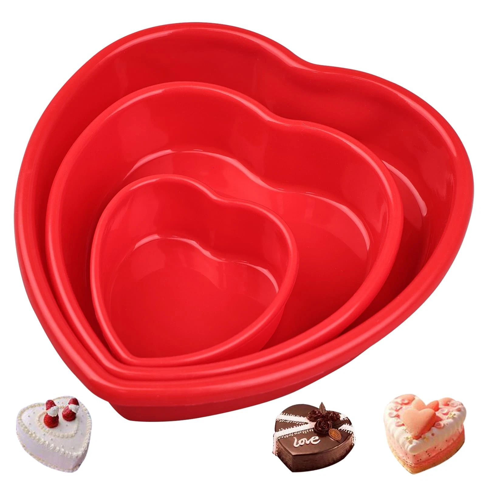 Heart Cake Pan Nonstick Silicone Molds Set of 3 9/7/4 Inch Birthday