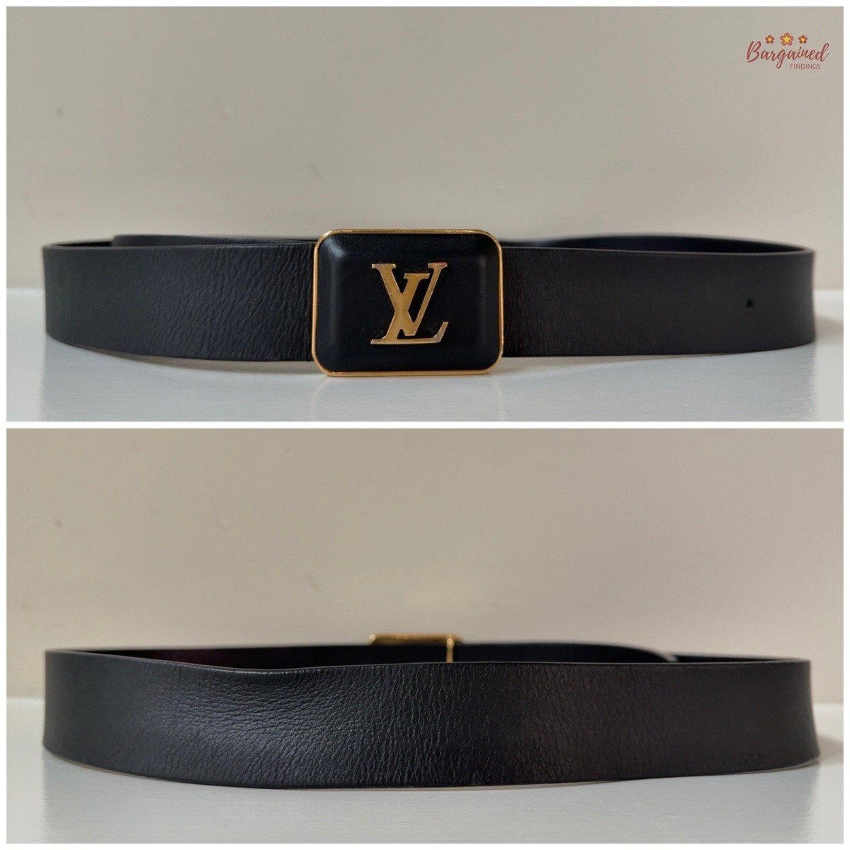 Authentic Louis Vuitton Black Leather Gold LV Logo Square