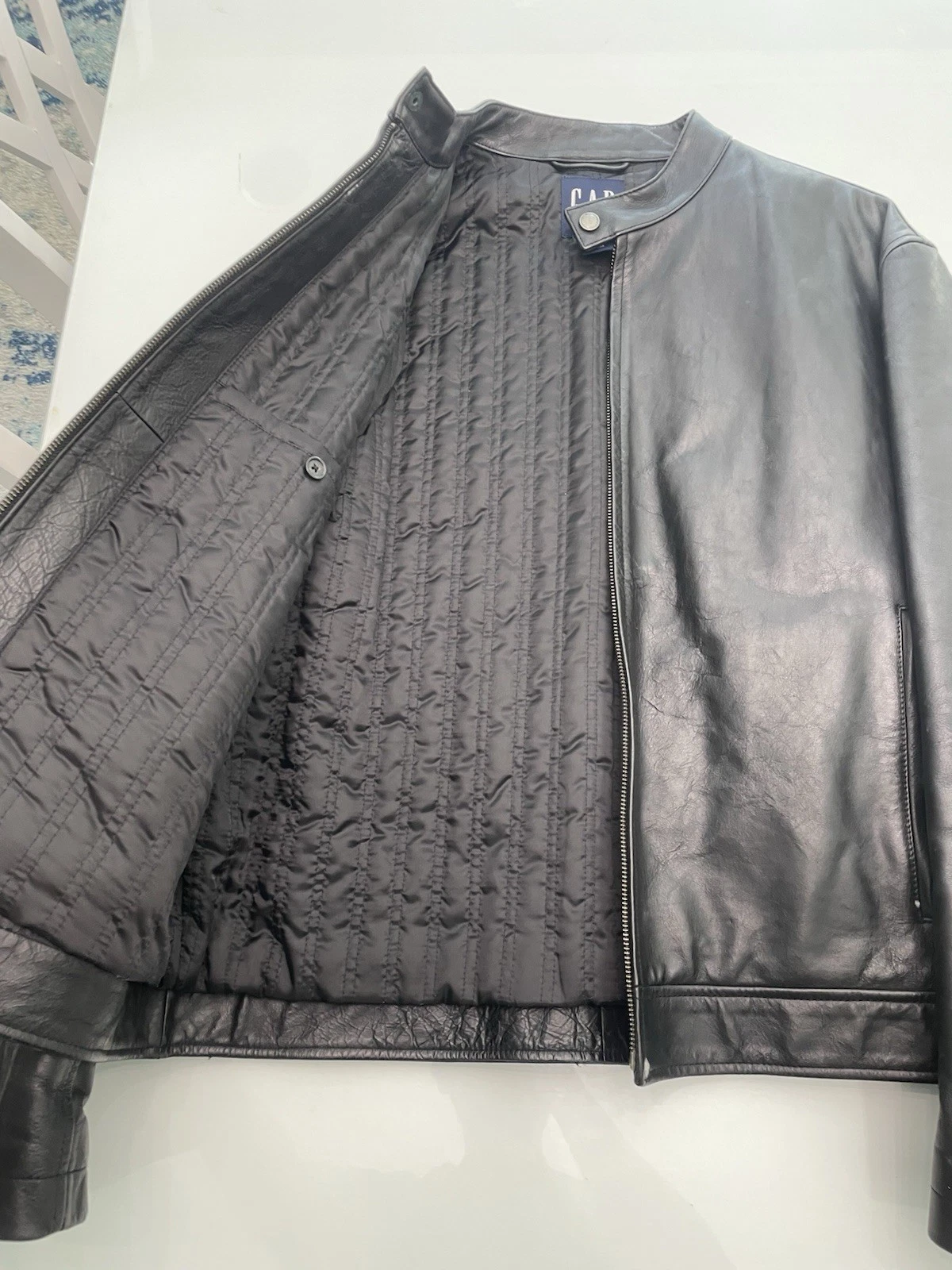 GAP Men's Genuine Leather Biker Jacket Black Zip Front Lined Size M - product detail image 2