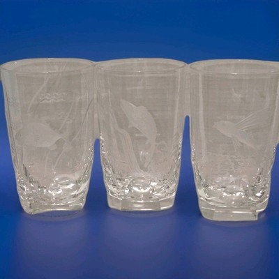Glass Tumblers Etched Fish Ocean Facets Sweden Bar Signed 3 Glasses Kjellander