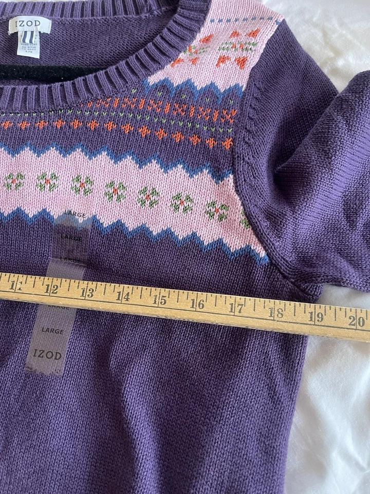Acogedor suéter Izod rosa púrpura estilo años 80 manga tres cuartos invierno Fair Isle L Foto 2 de 3