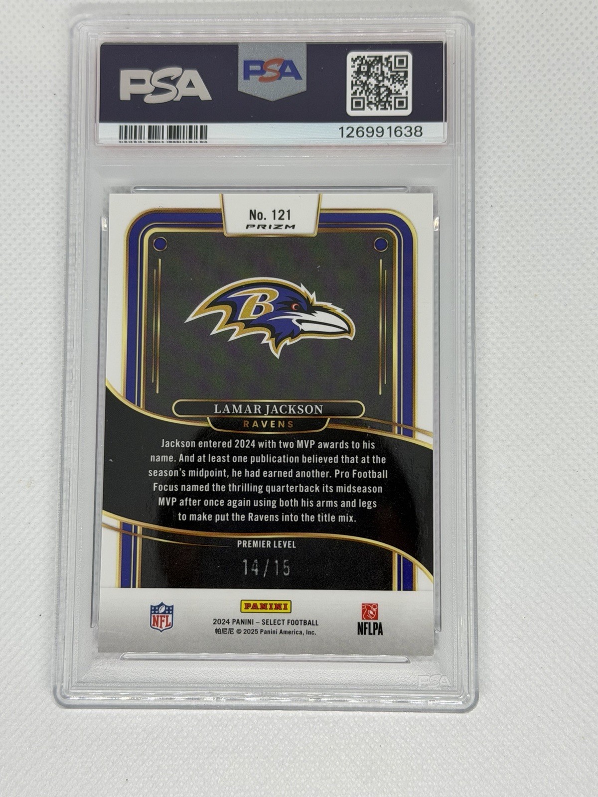 2024 PANINI SELECT PINK GLITTER #227 LAMAR JACKSON PREMIER LEVEL /15 PSA 10 view 2