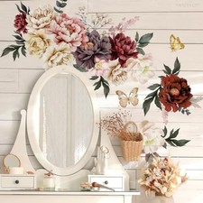 Peony Flower Wall Decals Boho Butterfly Watercolor Floral Wall Stickers for