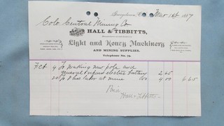 1887 Georgetown Colorado Hall & Tibbits Mining Machinery Billhead Colo. Central