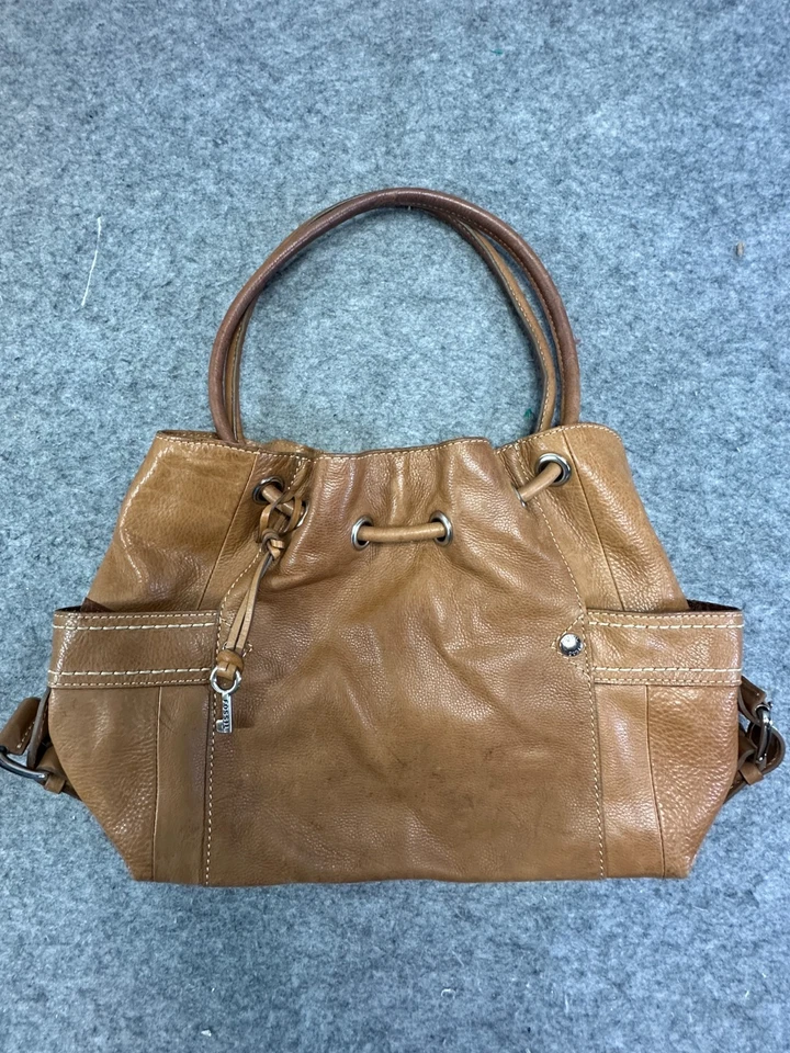 Cartera Bolso Cubo Fossil Beige Marrón Cuero Guijarro Genuino con Cordón Foto 2 de 4