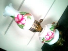 Vintage 1940's Hand Painted Floral Milk Glass Hurricane Lamp 3 Way - Nightlight