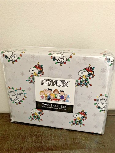 Berkshire Peanuts Christmas Lights TWIN FULL Sheet Set Snoopy Woodstock Gray - Picture 5 of 12