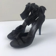 Michael Shannon Sz 7.5 Brown Ankle Strap Bow Tie Cris Cross Fabric Sandal Heels