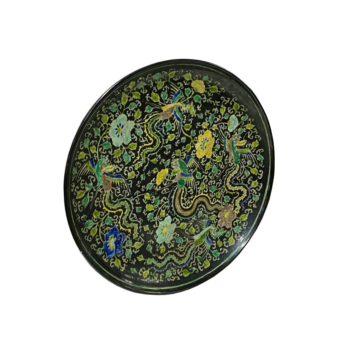 Vintage Chinese Black Base Mixed Color Phoenix Graphic Porcelain Plate Display ws3364S Vintage Chinese Black Base Mixed Color Phoenix Graphic Porcelain Plate Display ws3364S